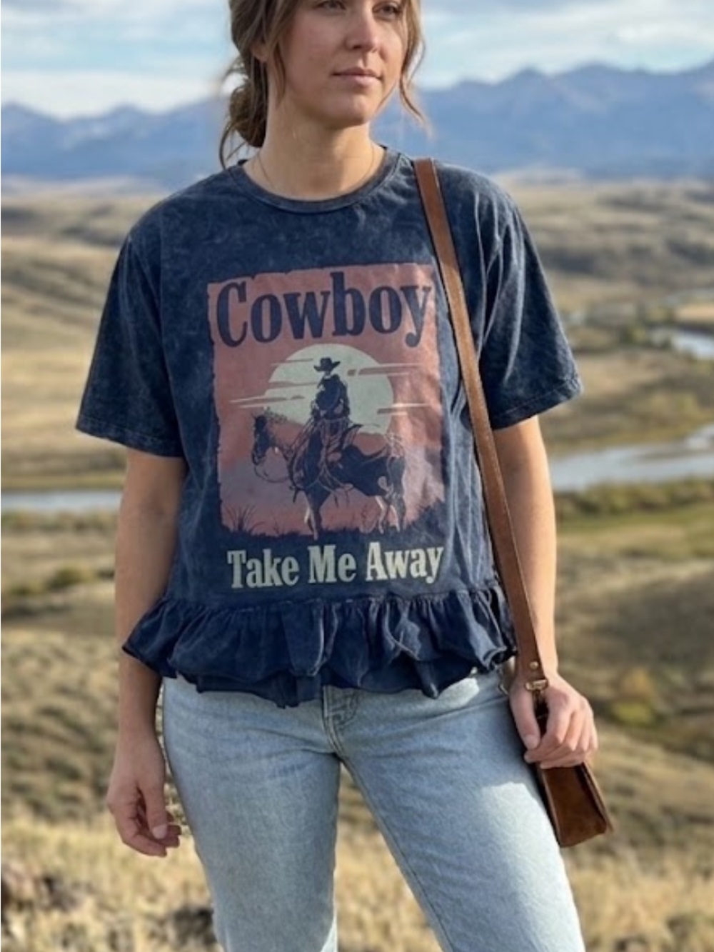 Cowboy "Take Me Away" Upcycled added Ruffle Hem Tee